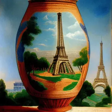 Surprised Archeologue discovering in ground an antic Greek vase with an antic scene with The Eiffel Tower painted on it