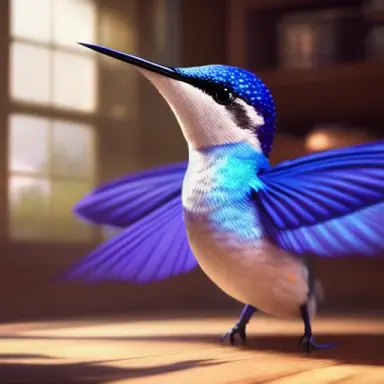 Cute adorable little blue hummingbird waving and smiling greeting me, unreal engine, cozy interior lighting, art station, detail