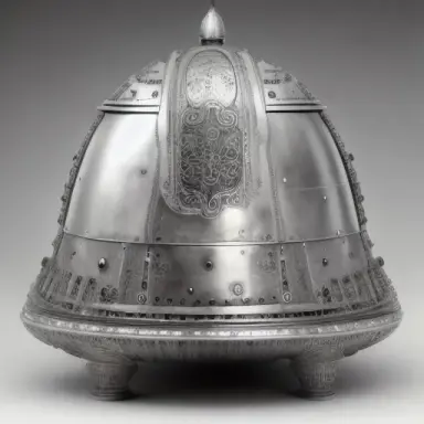 side view of a large Silver plated ovoid shaped cuirass surmounted by a little dome. dented hull. Space background