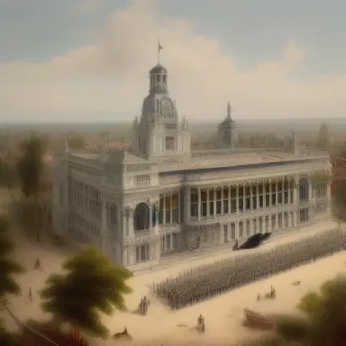 A victorian painting of a modern building for a social media company. Birds eye view