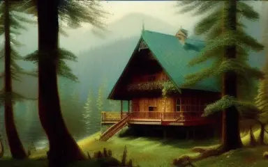 a wooden chalet in a pine forest, Albert Bierstadt