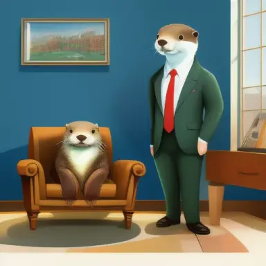 otter, wearing elegant suit, in a mayor office, cozy indoor lighting, highly detailed, cartoon
