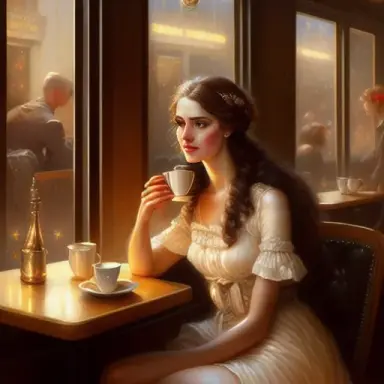 woman sitting in a cafe, artstation, concept art, pretty lights, art by Albert Lynch