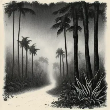 A black metal album cover showing a dirt path through a dark tropical jungle under a clear sunset rain