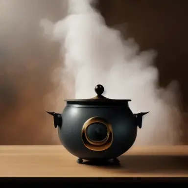 steaming cauldron with handle, 35mm, sharp, high gloss, brass, woods wallpaper, cinematic atmosphere, panoramic