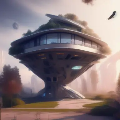 irregular shaped deconstructivist single house in one floor in a sunny afternoon with people, birds and trees around it. Matte p