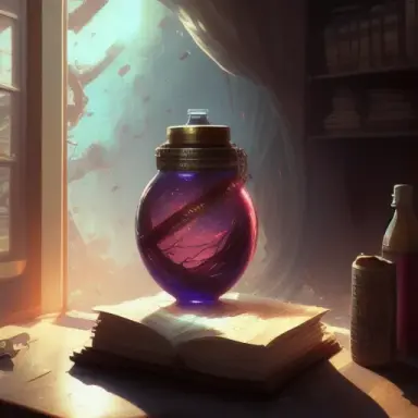 Arcane style, one single colorful potion in a round bottle with a glowing galactic landscape inside of it on a messy brown table
