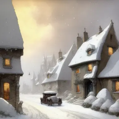 petites maisons alsaciennes arrondies 1 étage, vielle voiture, tempête de neige, art by Anton Pieck, in the style of ,
