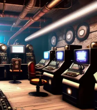 an image of a steampunk style interior, with high tech, futuristic equipment, computers, high quality render
