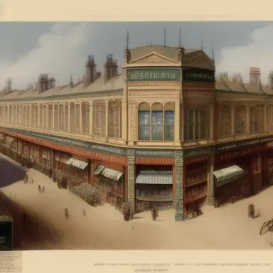 A victorian painting of a supermarket in a european suburb. Birds eye view