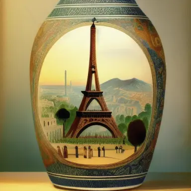 Surprised Archeologue discovering an antic Greek vase with an antic scene with The Eiffel Tower painted on it