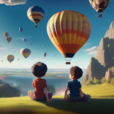 a highly detailed matte painting of Sizuka and Nobita on a hill watching a Hot Air Balloon with doraemon patterns launch in the