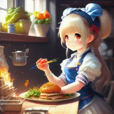 detailed painting of a cute busty anime girl inside a kitcheng making lunch highly detailed soft light blue ambient light sharp