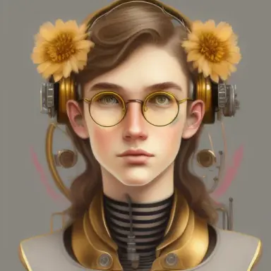 sketch of a teen, mechanical, steampunk, shoulder length hair, light brown hair, round gold glasses, grey eyes, caucasian, yello