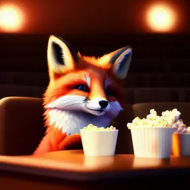 Cute small Fox sitting in a movie theater eating popcorn watching a movie ,unreal engine, cozy indoor lighting, artstation, deta