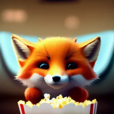 Cute small Fox sitting in a movie theater eating popcorn watching a movie ,unreal engine, cozy indoor lighting, artstation, deta