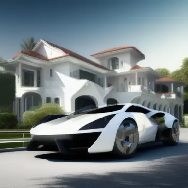 luxus supercar in drive way of beautiful white villa in front of luxurious forest