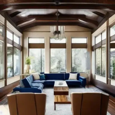 An elegant and spacious living room with a high ceiling, large windows, and soft, diffused lighting. The floor is a beautiful, h