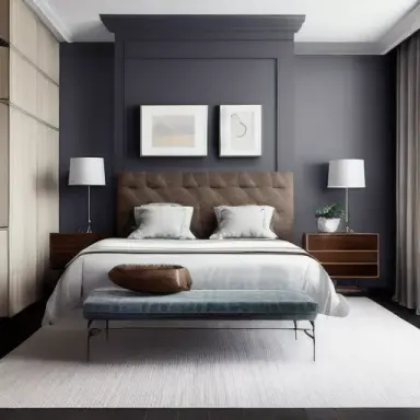 A serene and calming bedroom with warm, diffused lighting and plush, comfortable bedding. The floor is a high quality, large for