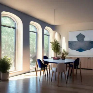 A minimalist white dining room with a wooden floor, featuring soft pastel colors of beige, blue, and salmon. The sun light strea