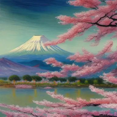 japanse landscape with fuji, cherry blossom,, oilpainting, in style of monet