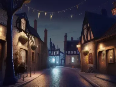 the street of amedieval fantasy town, at night, 4k, highly detailed