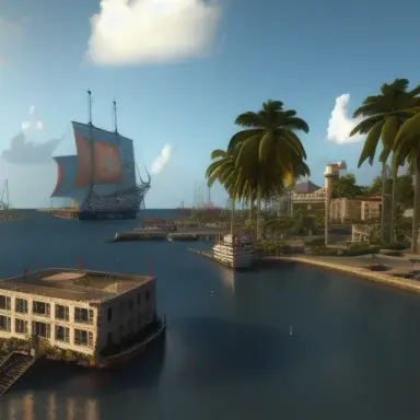 carribean port city in the afternoon, unreal engine, hyper realistic, by John Constable, detailed, 17th century