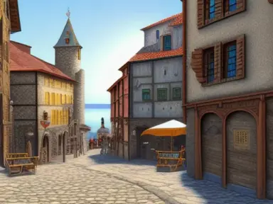 street of a woody poor medieval port city, view on the large lake, at noon, highly detailed, 4k