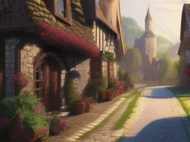 the street of a small medieval fantasy village, full of life, morning, 4k, highly detailed