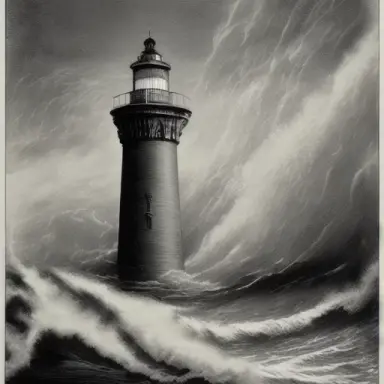 An old lighthouse against the backdrop of a raging sea. Antique black and white engraving from the Middle Ages. Gustave Dore