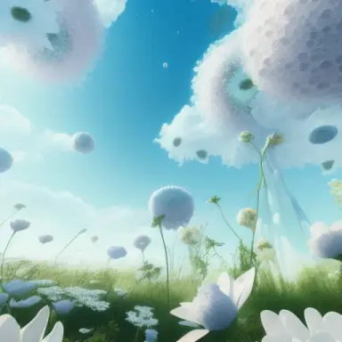A pure white sky without clouds, white glass flowers, a sea of flowers everywhere, huge petals, and pixel like creatures in the