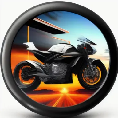 A 3D button with futuristic super sport motorcycle on it, with road in background and the motorcycle is passed out the button wi