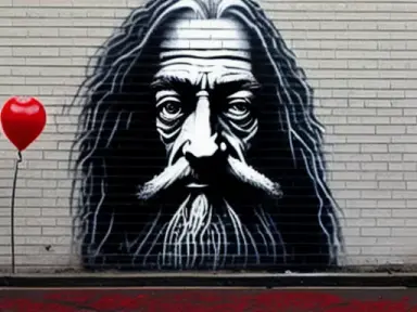 small graffiti portrait on housewall of gandalf from lord of the rings, baloon 8k, black and white and red, by Banksy