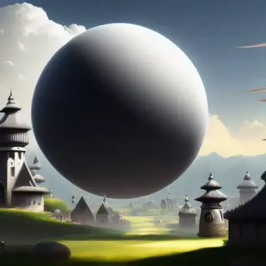 Art concep of a menacing large grey orb with two smaller white orbs, towering over a fantasy village