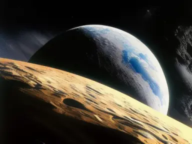 a landscape from the Moon with the Earth setting on the horizon, realistic, detailed