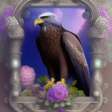 overwhelmingly beautiful eagle framed with vector flowers, long shiny wavy flowing hair, polished, ultra detailed vector f
