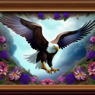 overwhelmingly beautiful eagle framed with vector flowers, long shiny wavy flowing hair, polished, ultra detailed vector f