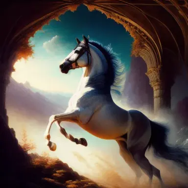 A detailed painting of a white horse rear ((Detailed Horse rear)) majestic cave lit by fire spirits annoyed face unammused moo