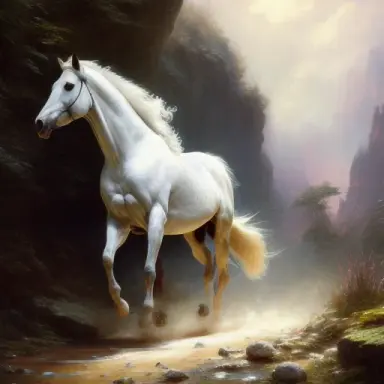 A detailed painting of a white horse rear view butt focus ((Detailed Horse ass)) majestic cave lit by fire spirits annoyed face