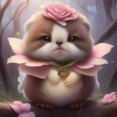Extremely Ultrarealistic Photorealistic cute creature holding a flower, by James Jean and Android Jones Jeff Koons Erin Hanson