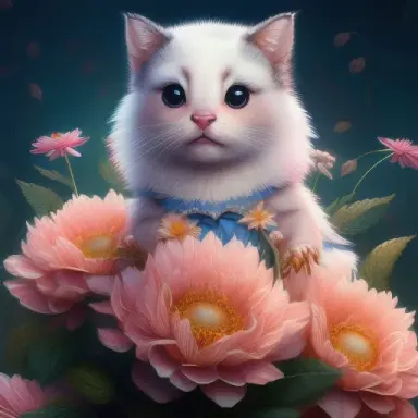 Extremely Ultrarealistic Photorealistic cute creature holding a flower, by James Jean and Android Jones Jeff Koons Erin Hanson