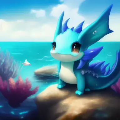 Vaporeon laying on a rock in the middle of an ocean