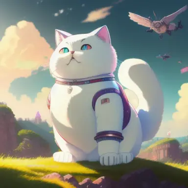 a highly detailed painting of a fat and cute cat shape robot on a hill watching a extremely huge cat falling into erath in the d