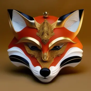 3D realistic 8K kabuki mask of a fox Japanese deity with gold ornement ruban in color