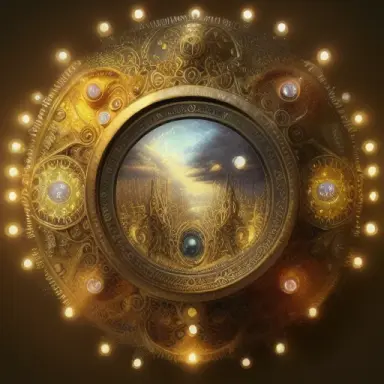 pair of yellow round monocle with intricate carvings, fairy lights, magic, hyper realism, smooth, fantasy, hyper detailed ultra