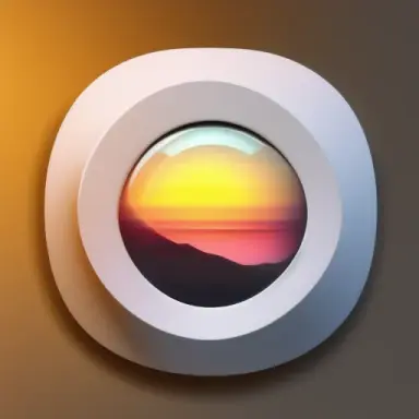 A 3D squared button with rounded edges and futuristic shapes and sunset background