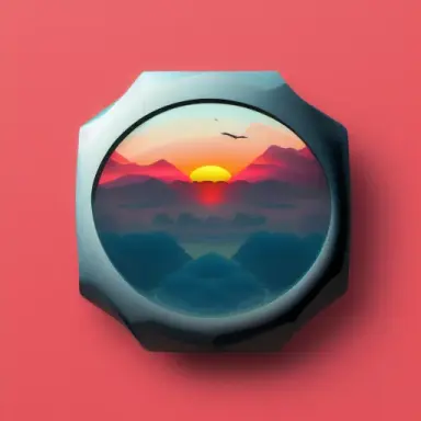 A 3 dimensional squared button with rounded edges and futuristic shapes and sunset background
