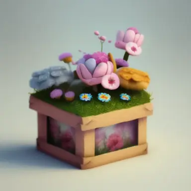 Tiny cute isometric flower field in a cutaway box with a small gnome made of suede, soft smooth lighting, soft colors, , soft co
