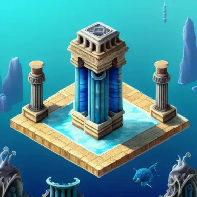 Isometric Atlantis city,great architecture with columns, great details, ornaments,seaweed, blue ambiance, 3D cartoon style, soft