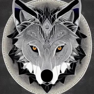 One wolf head head, facing front, symmetry, symmetrical, mandala pattern, mandala style,